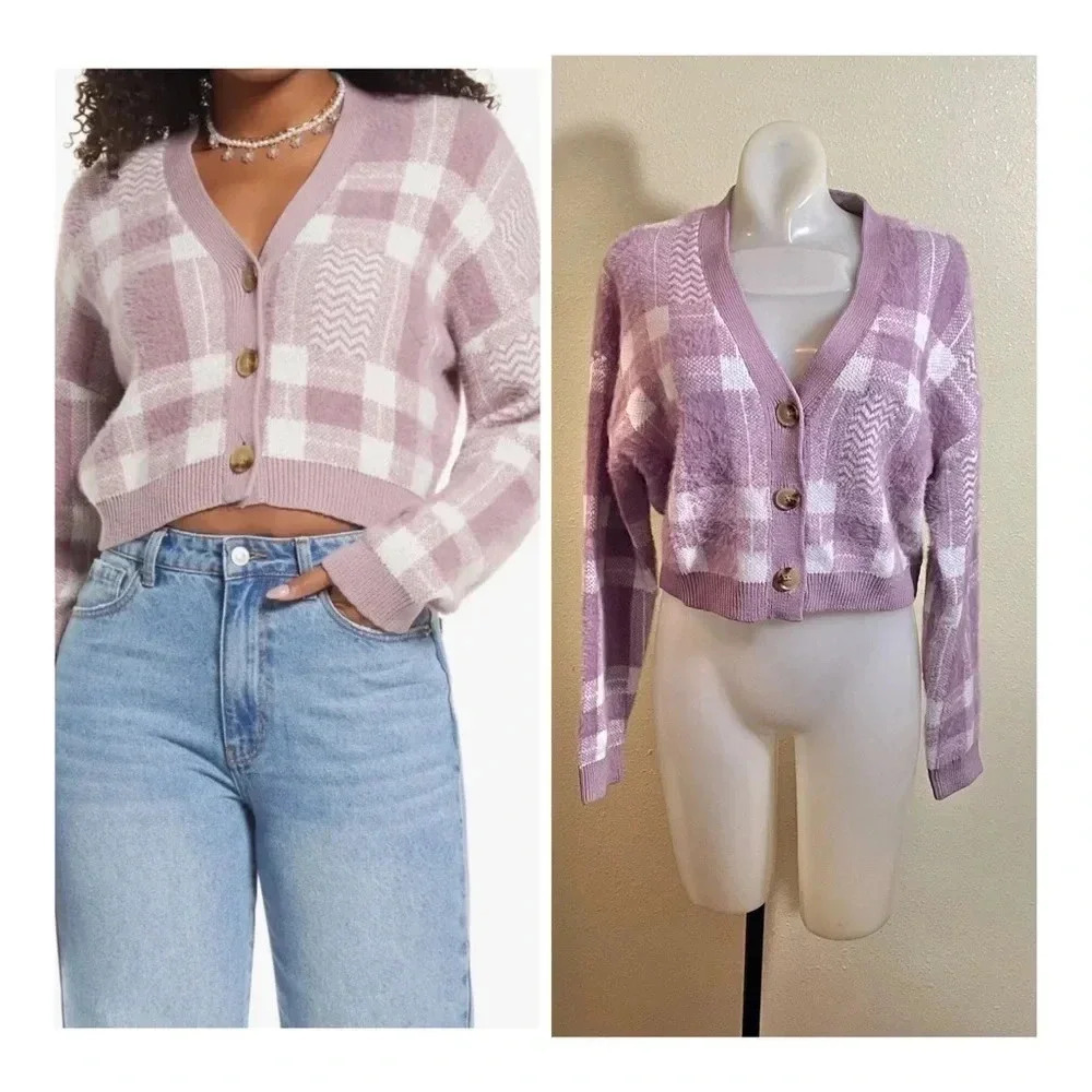 BP Womens Size S Cozy Emma Plaid Cardigan Sweater Purple Ivory Soft $56 NEW